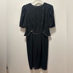 Vintage Miss Elliette Two-Piece Pearl Accented Black Midi-Sz 12